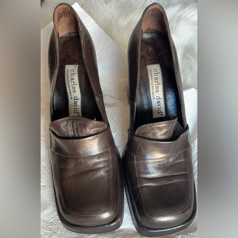Charles David | Women’s Brown Leather Loafer Block Heels Shoes 6 1/2 - Picture 4 of 9